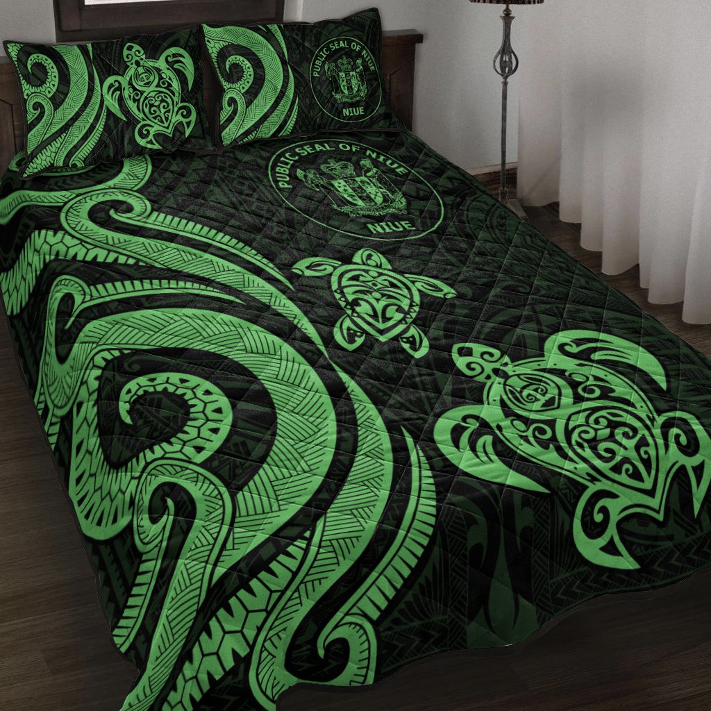 Niue Quilt Bed Set - Green Tentacle Turtle Green - Polynesian Pride