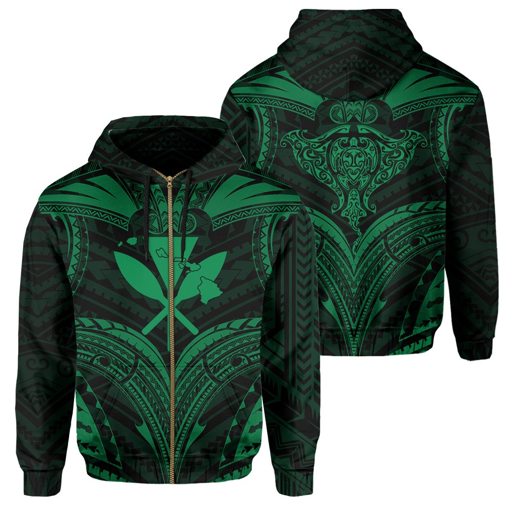 Polynesian Kanaka Shark Turtle Manta Ray Map of Hawaii Zip Hoodie Green Unisex Green - Polynesian Pride