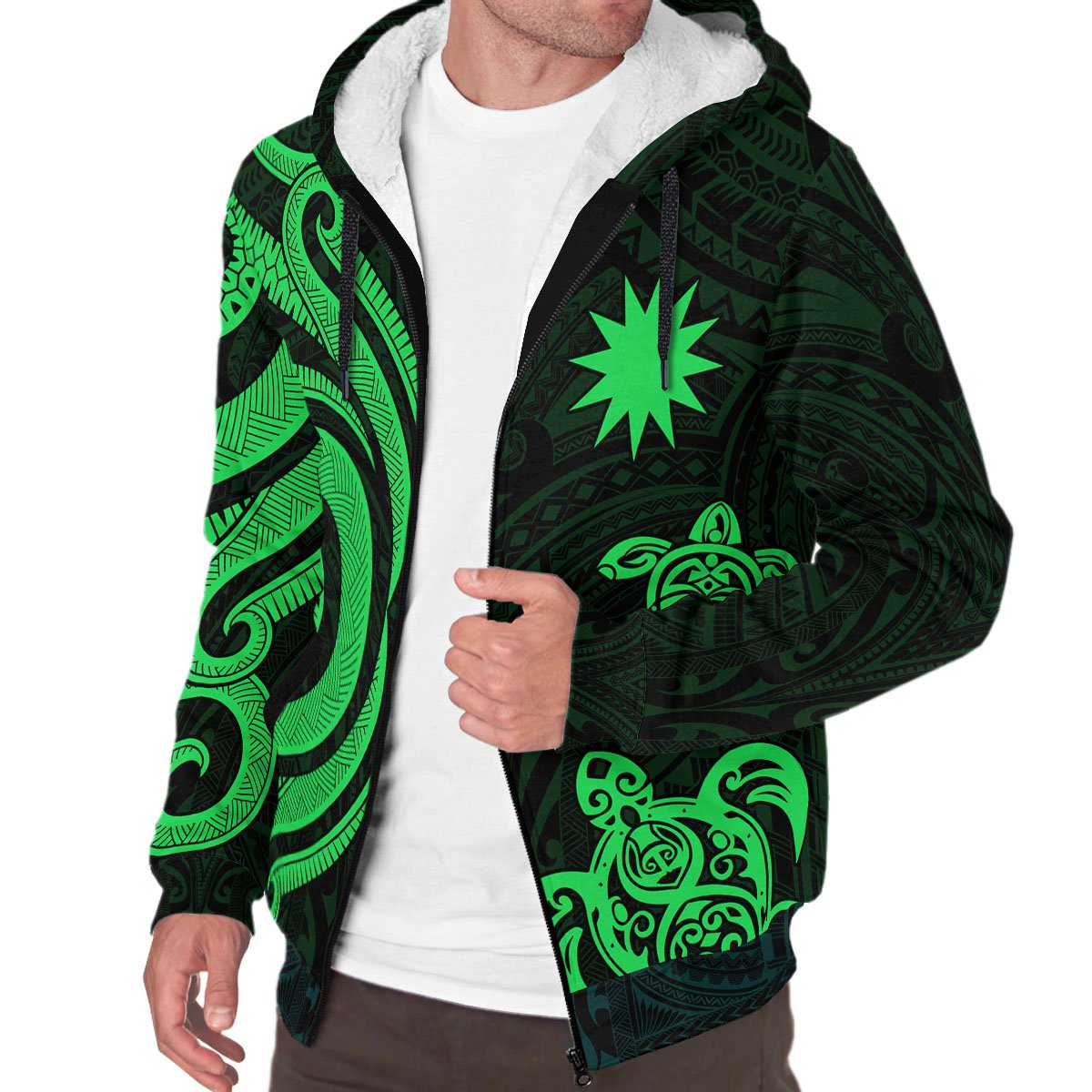 Nauru Sherpa Hoodie - Green Tentacle Turtle Crest - Polynesian Pride