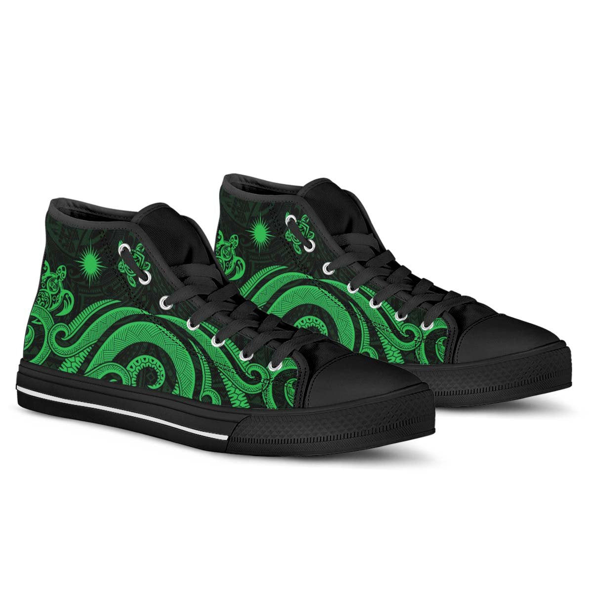 Marshall Islands High Top Shoes - Green Tentacle Turtle Unisex Black - Polynesian Pride