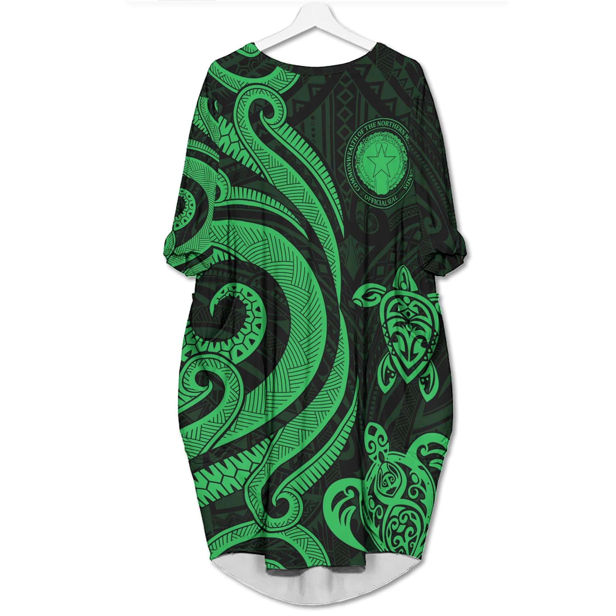 Northern Mariana Islands Batwing Pocket Dress - Green Tentacle Turtle Women Green - Polynesian Pride