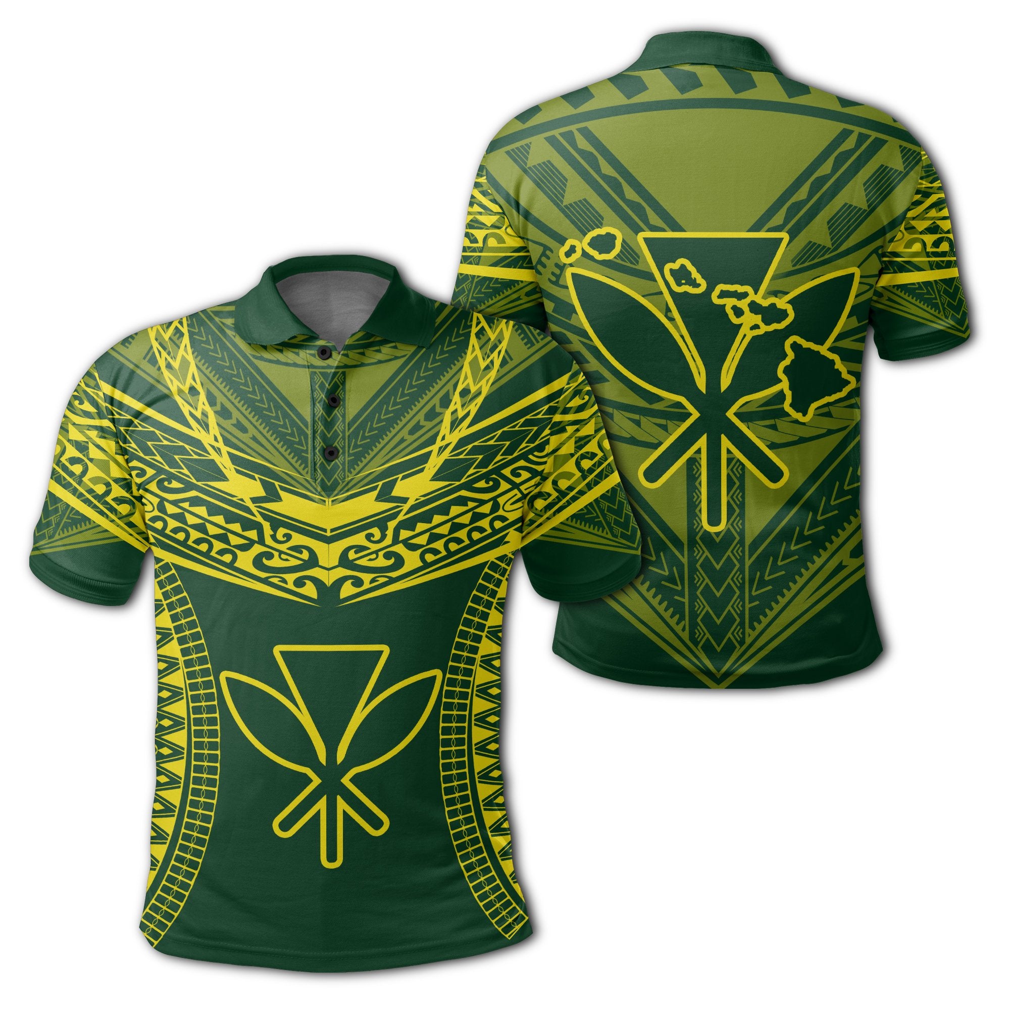 Hawaiian Kanaka Map Football Jersey Polo Shirt Green and Yellow Roger Style Unisex Green - Polynesian Pride