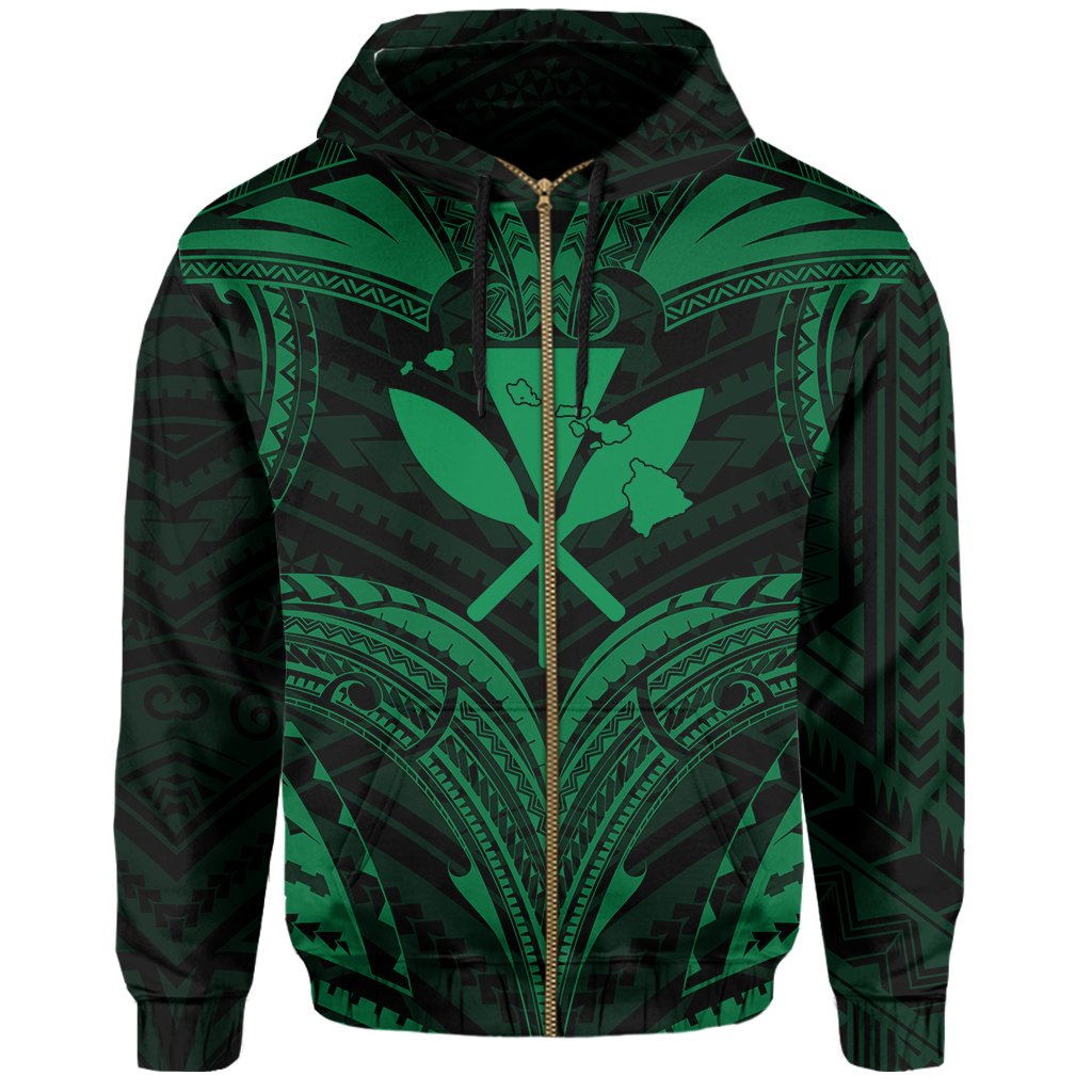 Polynesian Kanaka Shark Turtle Manta Ray Map of Hawaii Zip Hoodie Green - Polynesian Pride