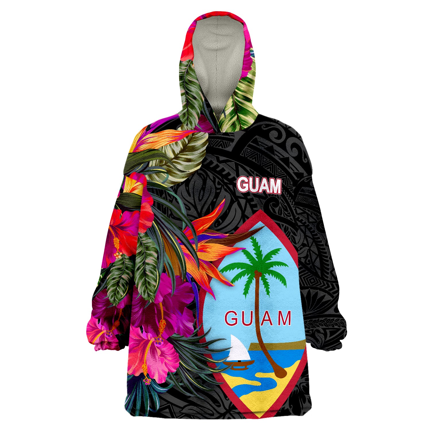 Guam Hibiscus Polynesian Pattern Wearable Blanket Hoodie LT9 Unisex One Size - Polynesian Pride