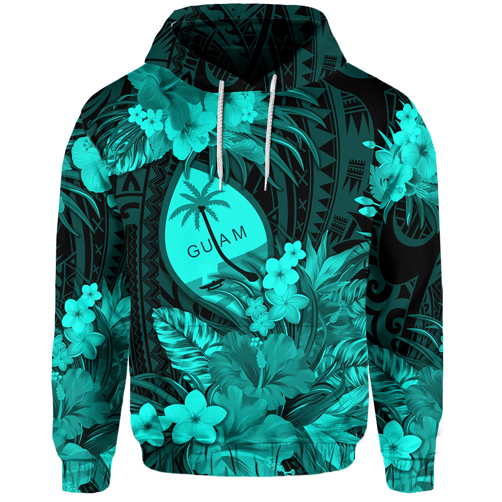 Custom Guam Polynesian Hoodie Tropical Flowers Turquoise LT8 Hoodie Turquoise - Polynesian Pride