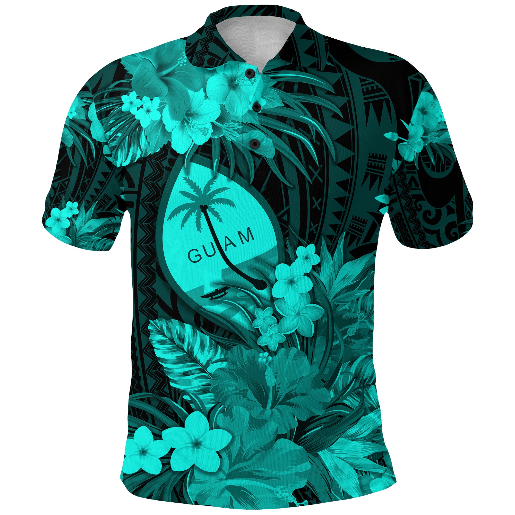 Guam Polynesian Polo Shirt Tropical Flowers Turquoise LT8 - Polynesian Pride