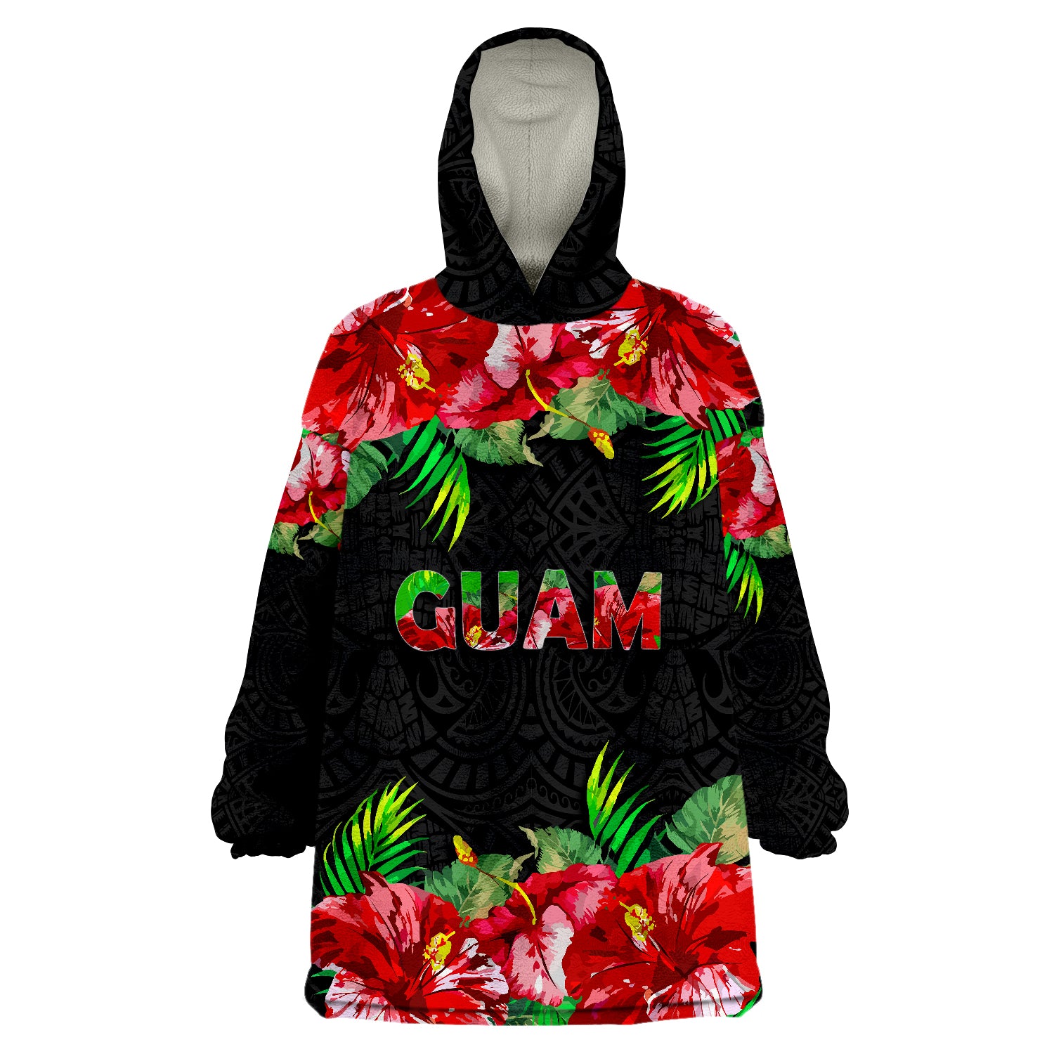 Guam Polynesian Black Hibiscus Wearable Blanket Hoodie LT9 Unisex One Size - Polynesian Pride