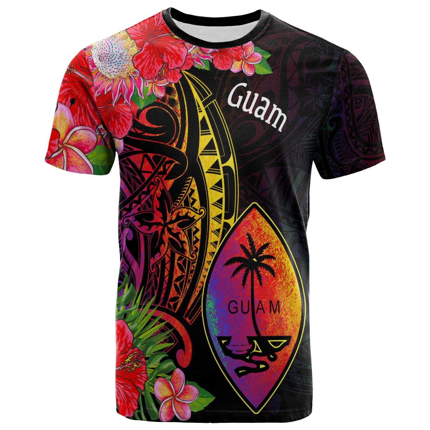 Guam T Shirt Tropical Hippie Style Unisex Black - Polynesian Pride