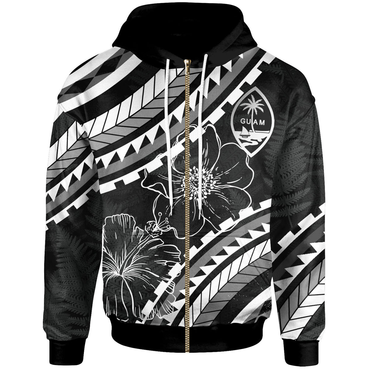Guam Zip Hoodie Palm Leaf Texture Black Unisex Black - Polynesian Pride