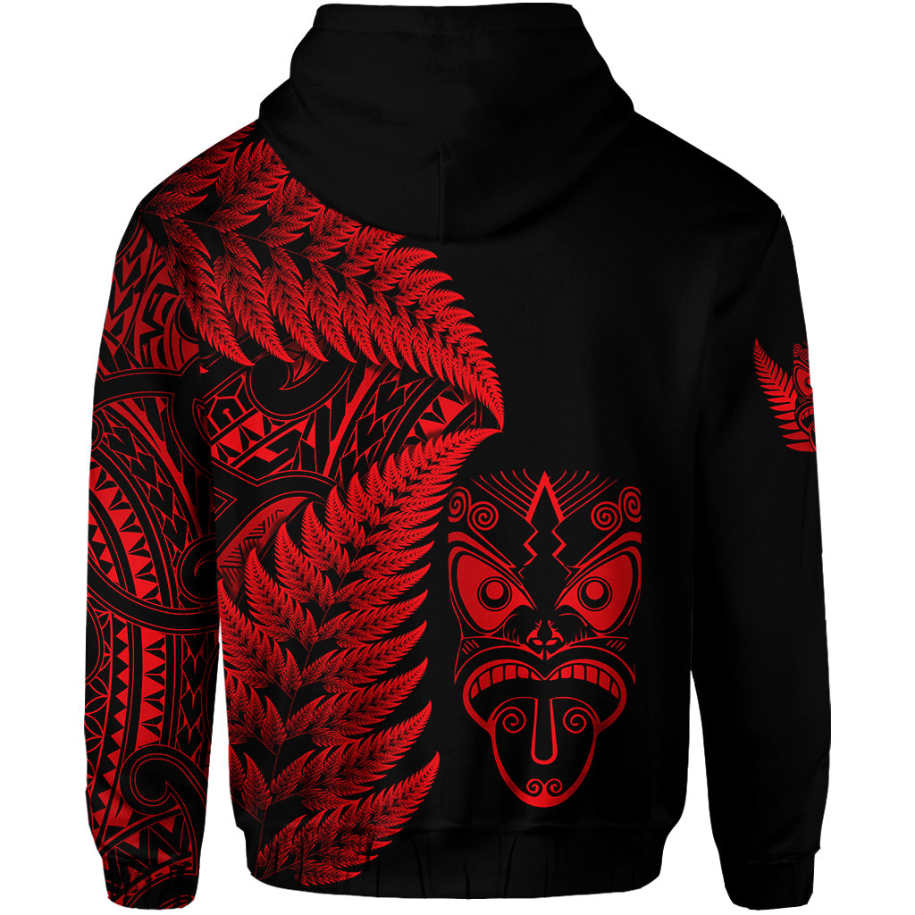 New Zealand Haka Rugby Maori Zip Hoodie Silver Fern Vibes Red LT8 - Polynesian Pride