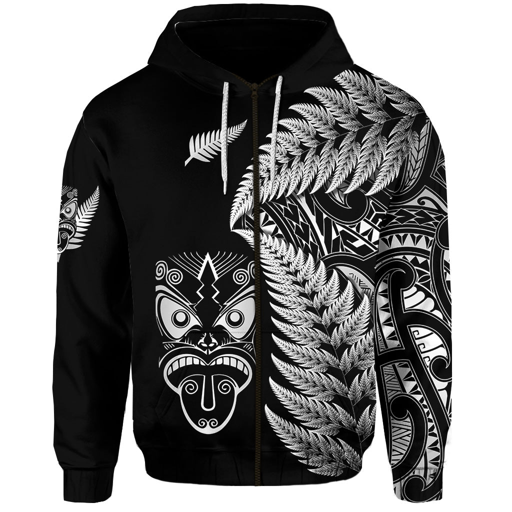 Custom New Zealand Haka Rugby Maori Zip Hoodie Silver Fern Vibes Black LT8 - Polynesian Pride