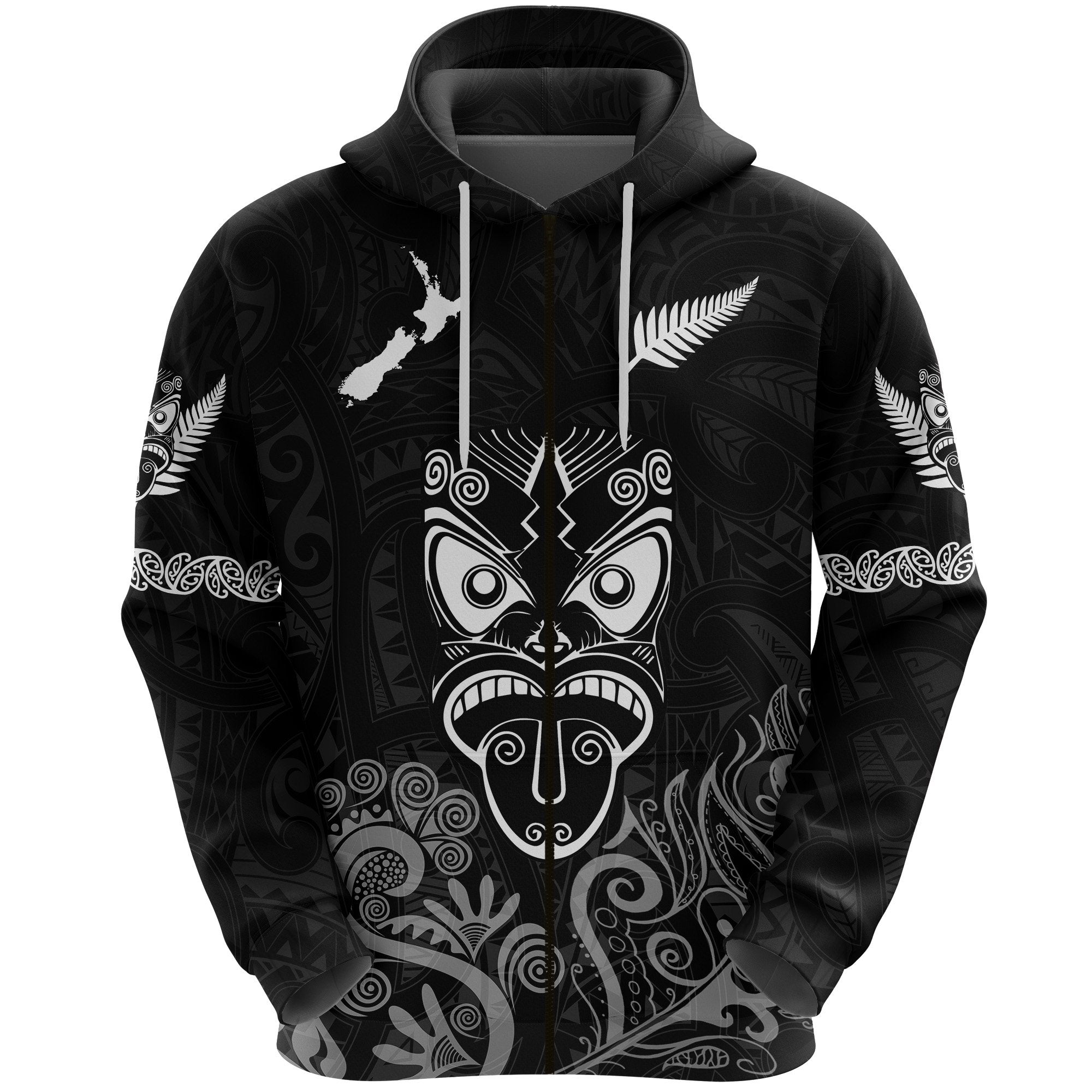 Maori Aotearoa Rugby Haka Zip Hoodie New Zealand Silver Fern Black Unisex Black - Polynesian Pride