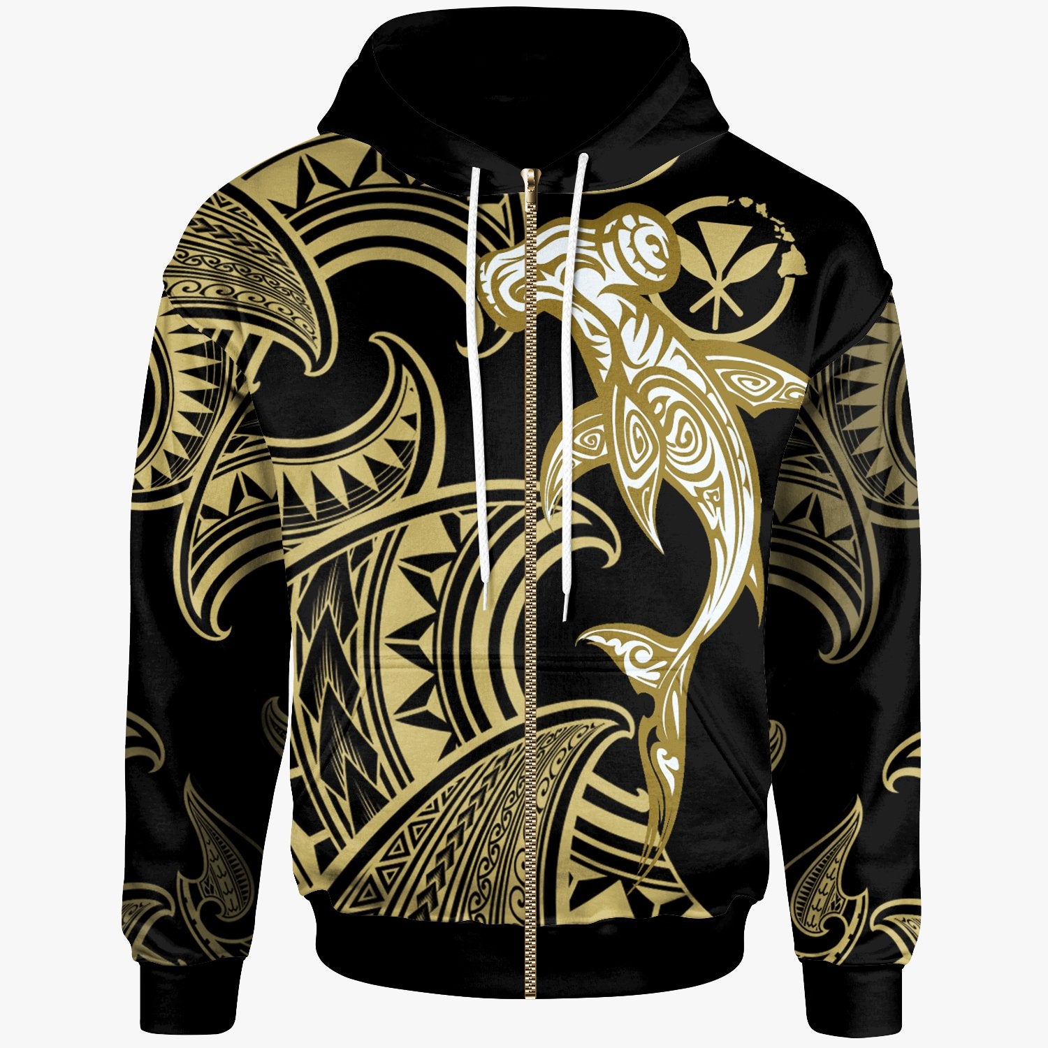 Hawaii Zip up Hoodie Hammerhead Shark Tribal Pattern Unisex Gold - Polynesian Pride