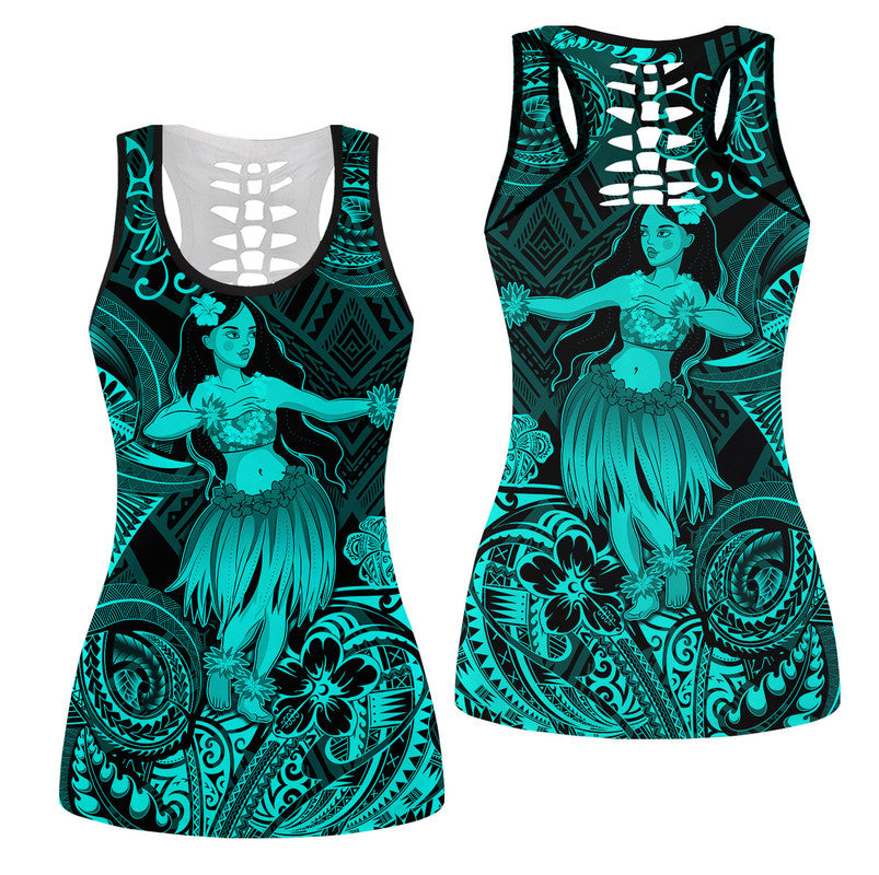 Hawaii Hula Girl Polynesian Hollow Tank Top Unique Style - Turquoise LT8 Female Turquoise - Polynesian Pride