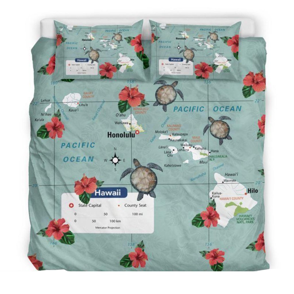 Hawaii Duvet Cover Set - Hawaii Turtle And Map Hawaii - Polynesian Pride
