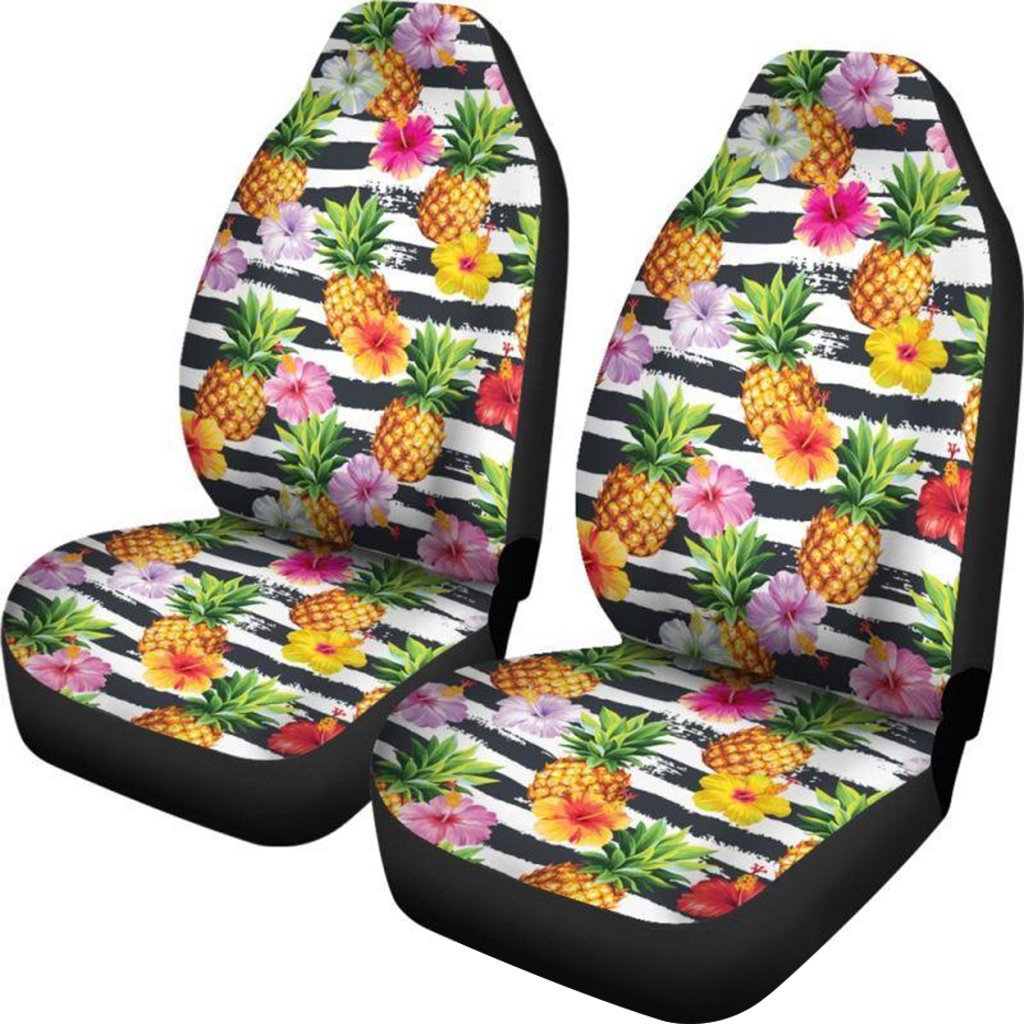 Hawaii Car Seat Covers - Tropical Pineapple Hibiscus - 02 K5 Universal Fit Black - Polynesian Pride