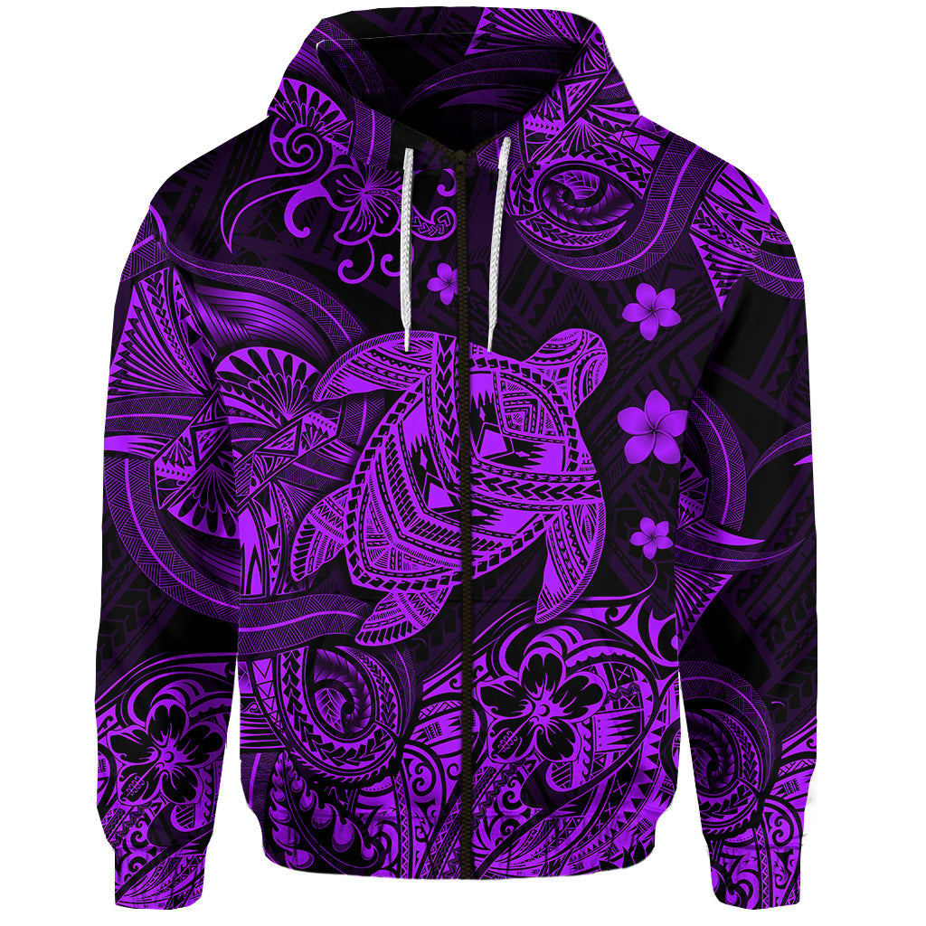 Custom Hawaii Turtle Polynesian Zip Hoodie Plumeria Flower Unique Style Purple LT8 - Polynesian Pride