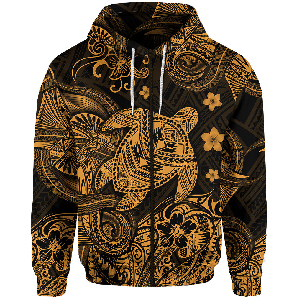 Custom Hawaii Turtle Polynesian Zip Hoodie Plumeria Flower Unique Style Gold LT8 - Polynesian Pride