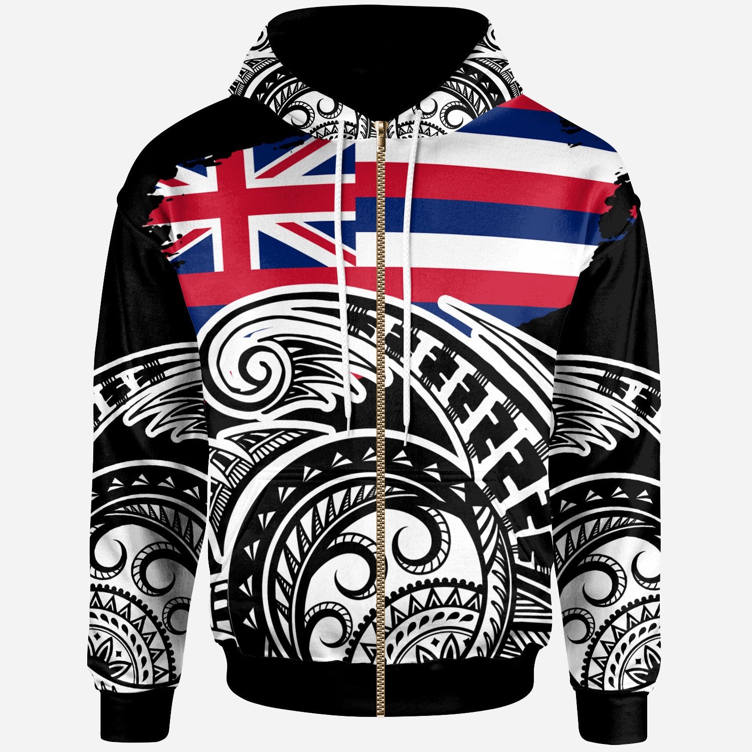 Hawaii Custom Zip Hoodie Ethnic Style With Round Black White Pattern Unisex Black - Polynesian Pride