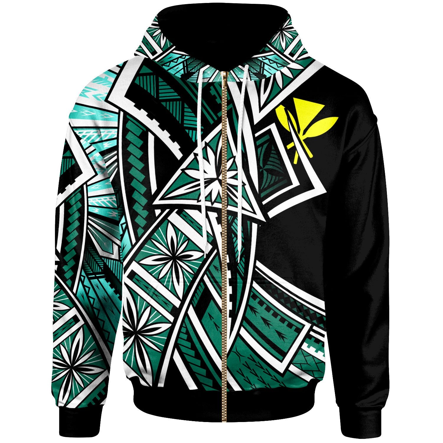 Hawaii Zip Hoodie Tribal Flower Special Pattern Green Color Unisex Green - Polynesian Pride