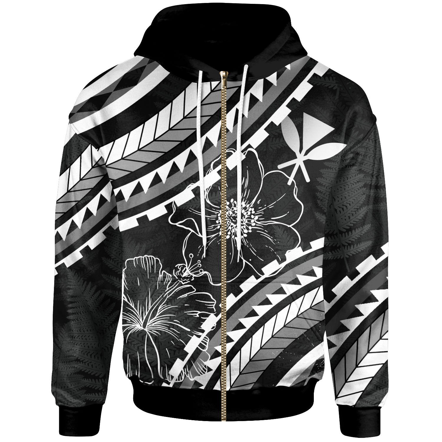 Hawaii Zip Hoodie Palm Leaf Texture Black Unisex Black - Polynesian Pride