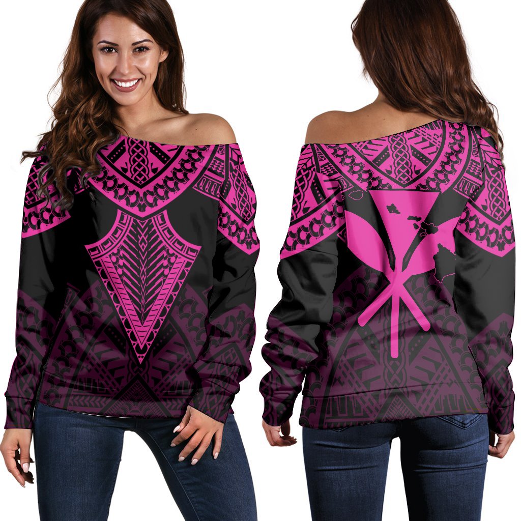 Hawaii Polynesian Limited Women's Off Shoulder Sweater - Tab Style Pink - AH Black - Polynesian Pride