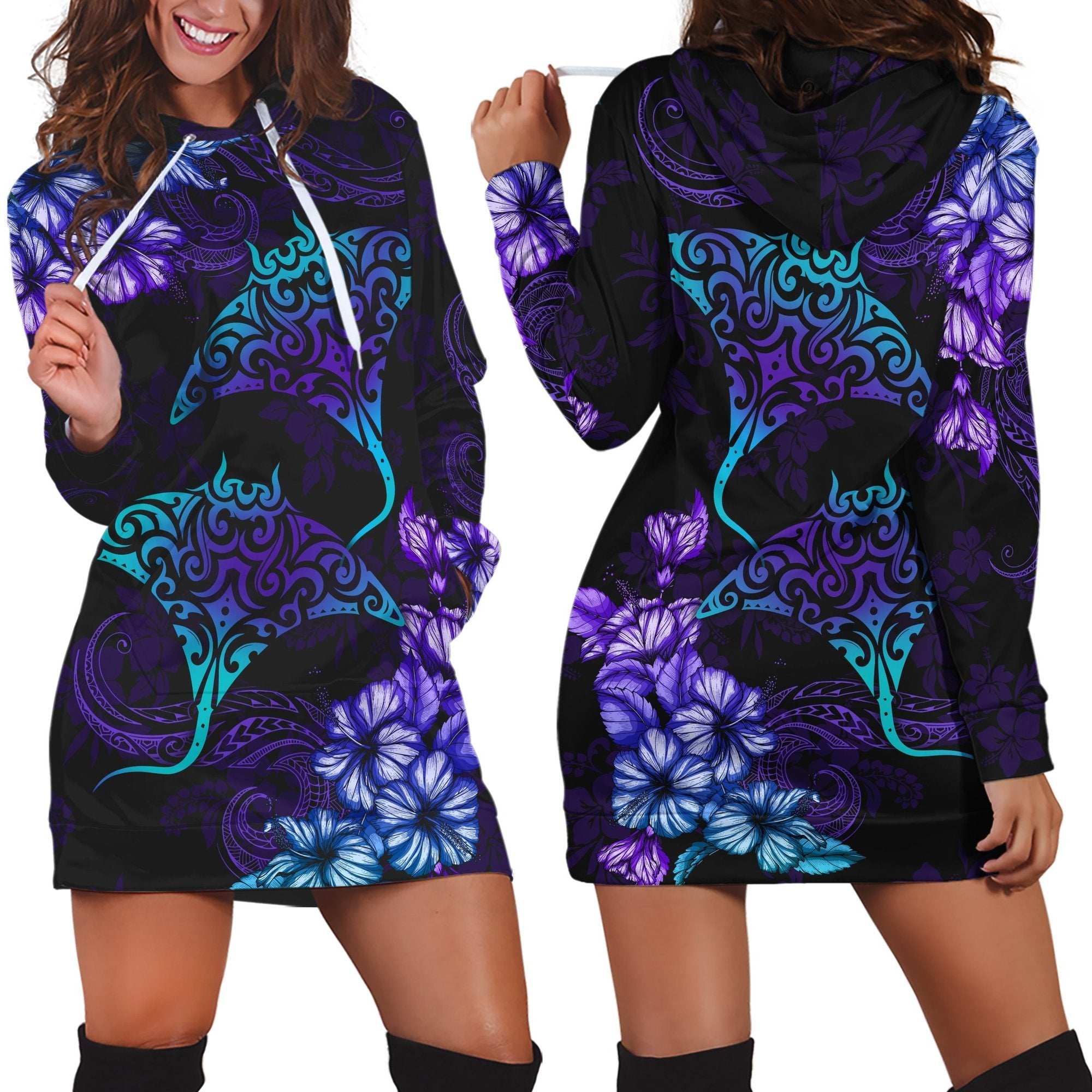 Beautiful Ray Hibiscus Hoodie Dress - AH Black - Polynesian Pride