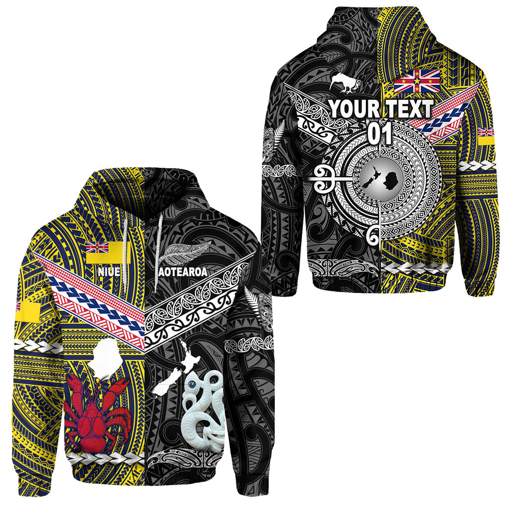 Custom New Zealand Niue Hoodie Maori and Polynesian Together Black, Custom Text and Number LT8 Unisex Yellow - Polynesian Pride