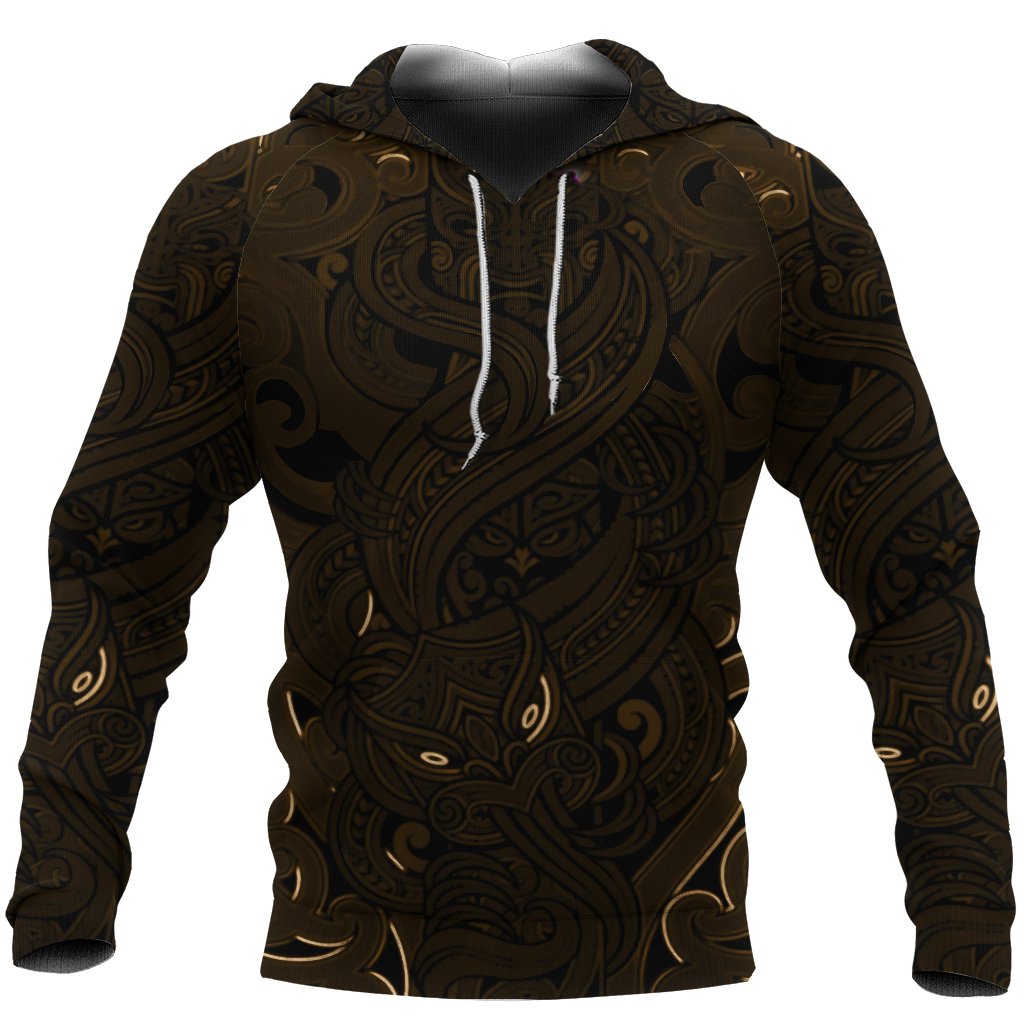 New Zealand Hoodie, Maori Gods Pullover Hoodie, Tumatauenga (God of War) Gold Unisex Black - Polynesian Pride