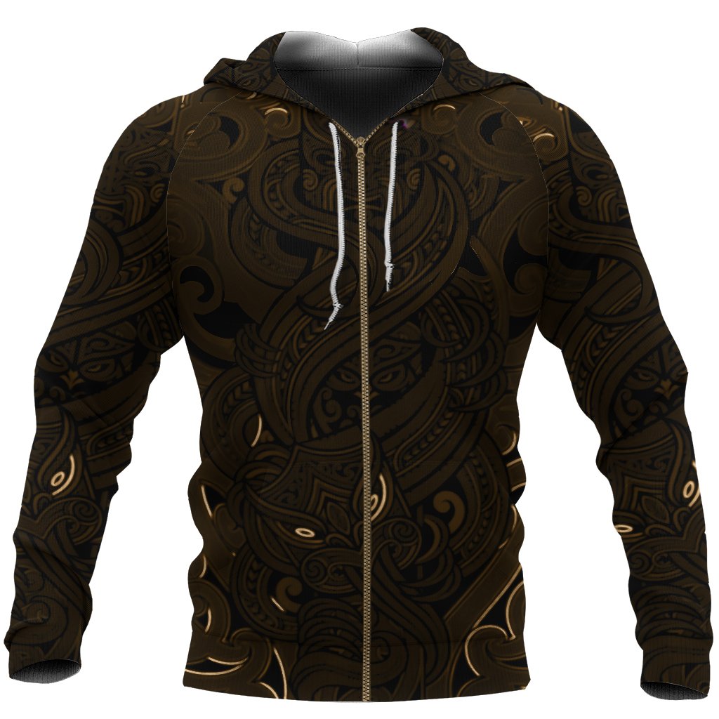 New Zealand Zip up Hoodie, Maori Gods Zipper Hoodie, Tumatauenga (God of War) Gold Unisex Black - Polynesian Pride