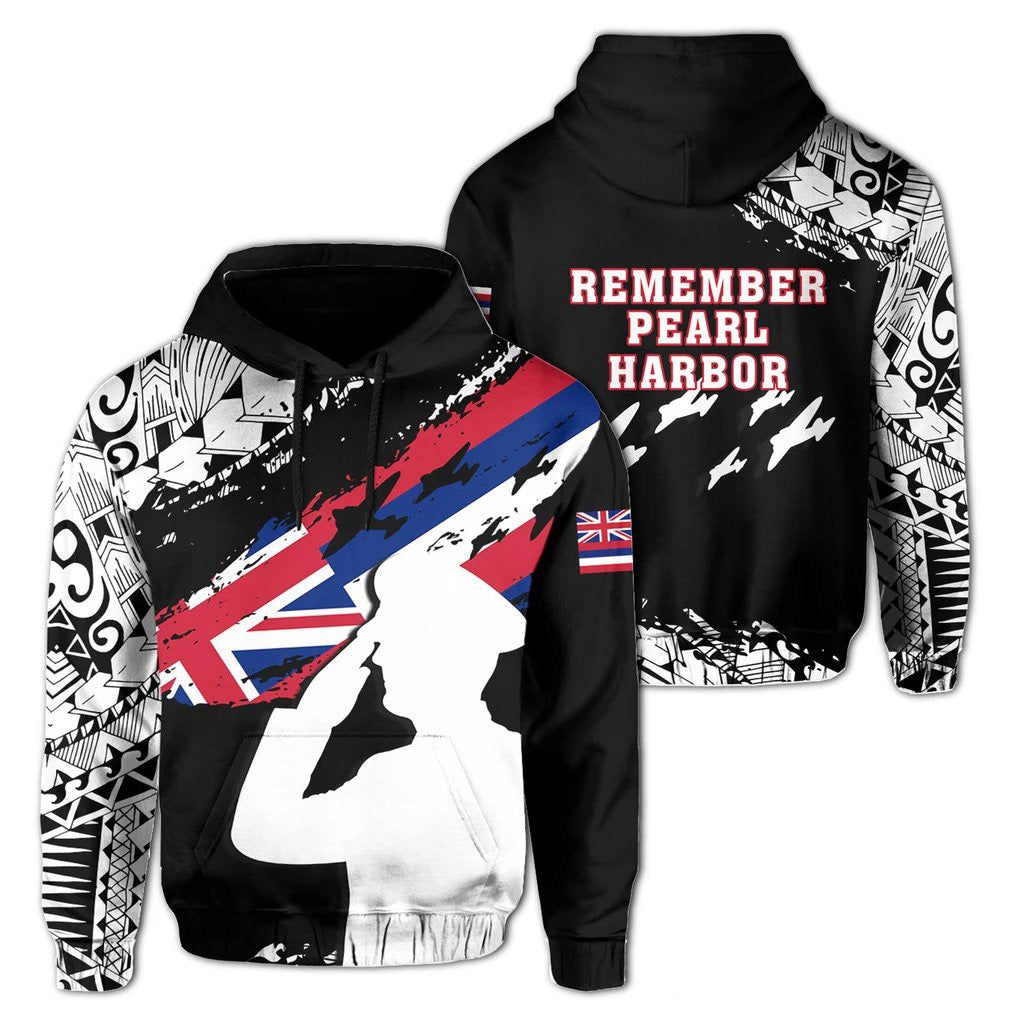 Hawaii Flag Remember Pearl Harbor Hoodie Nora Style Unisex Black - Polynesian Pride