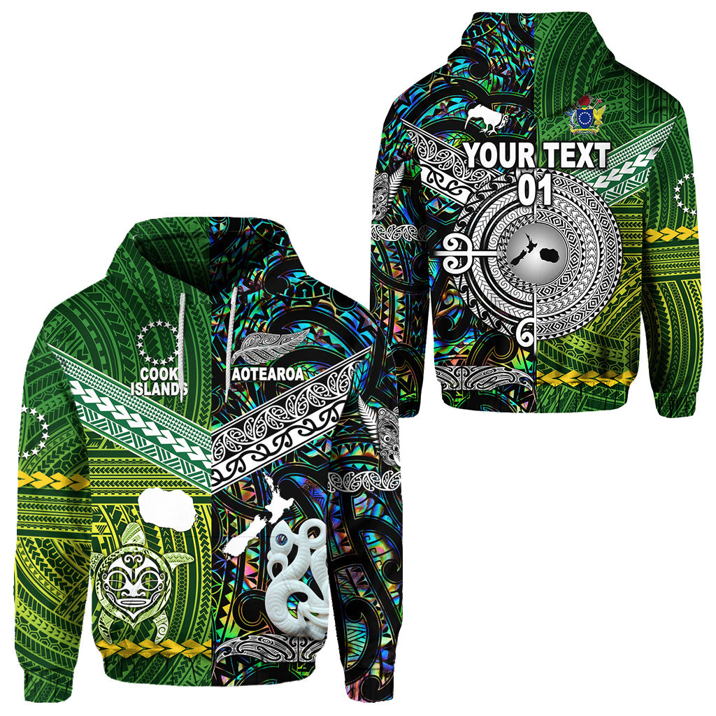 Custom New Zealand Cook Islands Hoodie Maori and Polynesian Together Paua Shell, Custom Text and Number LT8 Unisex Green - Polynesian Pride