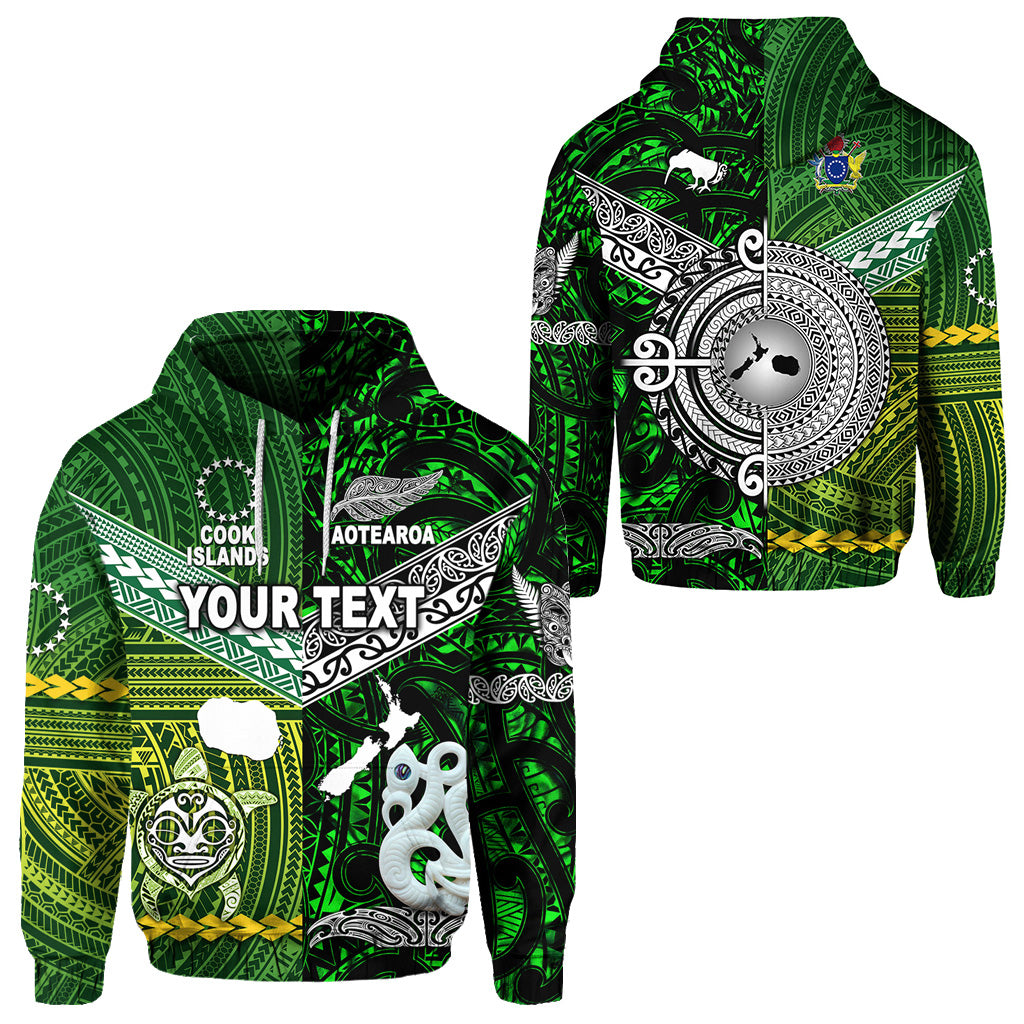 Custom New Zealand Cook Islands Hoodie Maori and Polynesian Together Green LT8 Unisex Green - Polynesian Pride