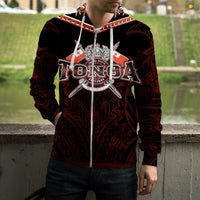 Tonga Zip up Hoodie Tonga Flag Coat of Arms Tribal Roots Red - Polynesian Pride