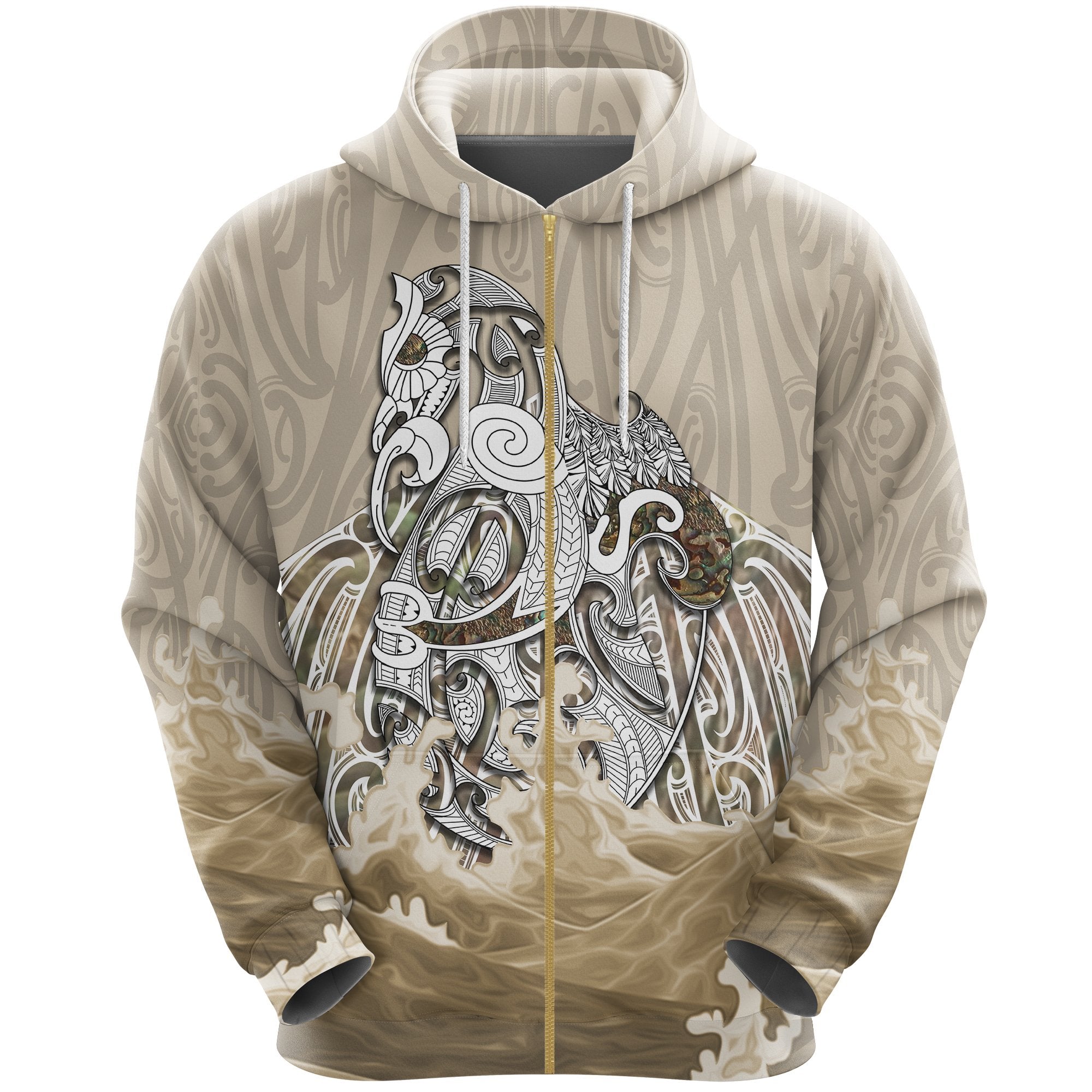 Maori Manaia The Blue Sea Zip Hoodie, Golden Unisex Black - Polynesian Pride