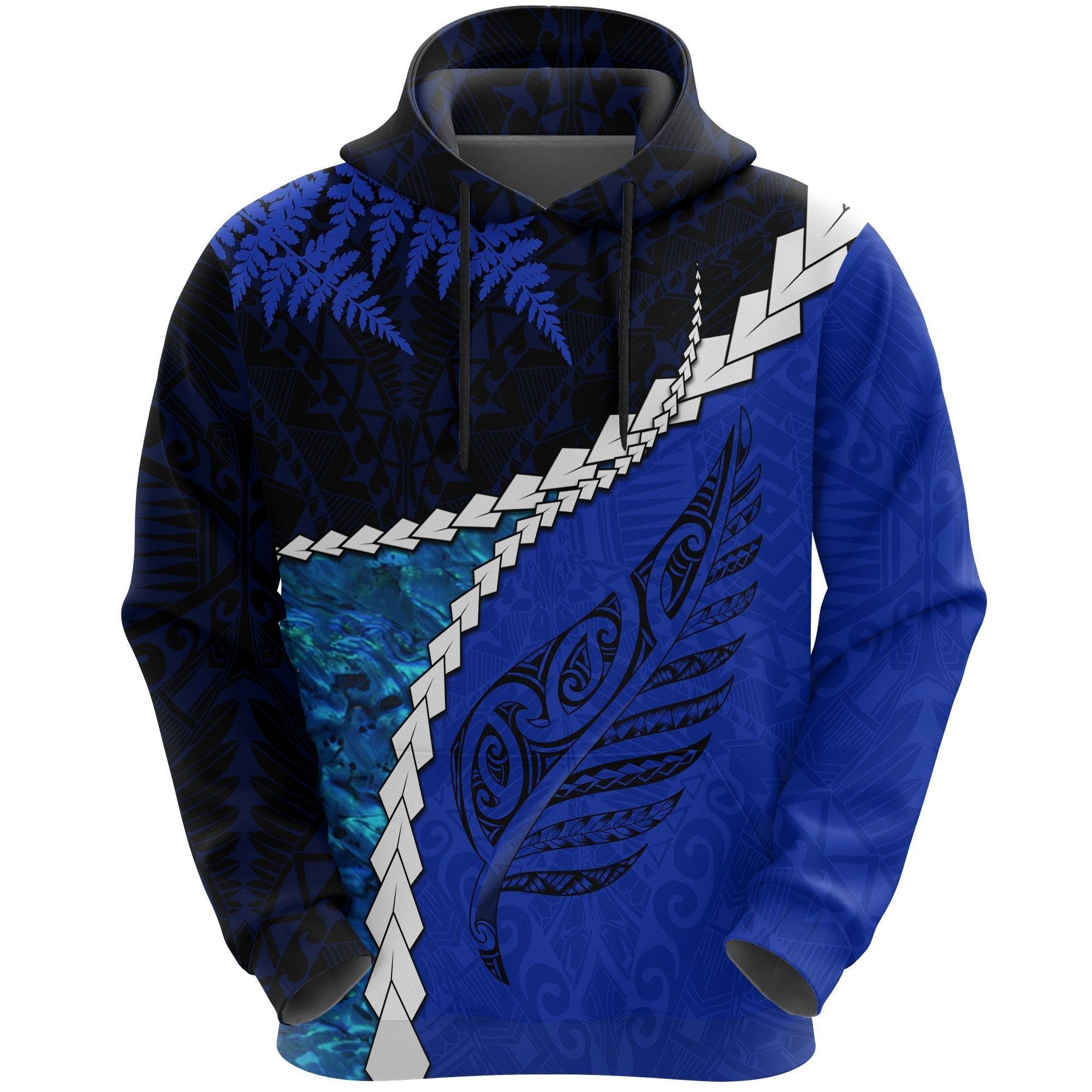 Paua Shell Maori Silver Fern Hoodie, Cobalt Unisex Black - Polynesian Pride