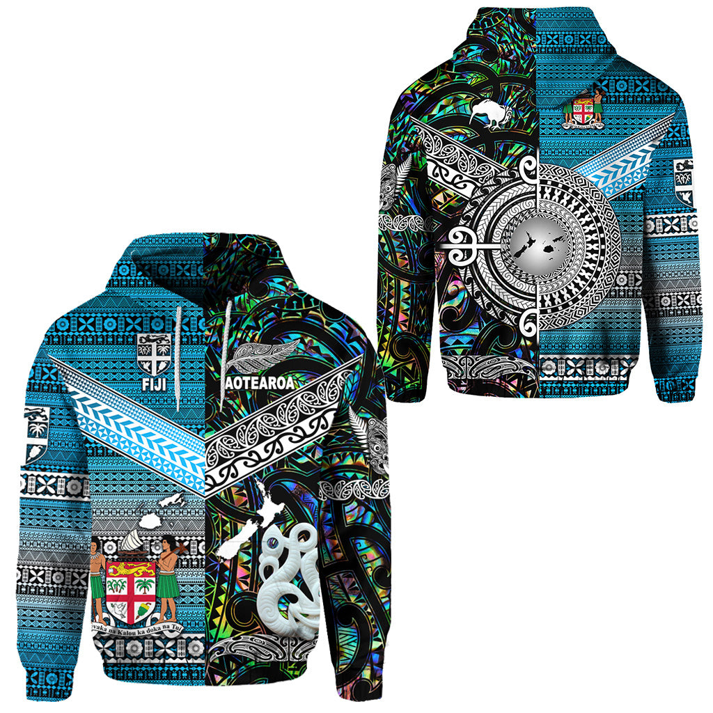 New Zealand Fiji Hoodie Maori and Tapa Together Paua Shell LT8 Unisex Blue - Polynesian Pride