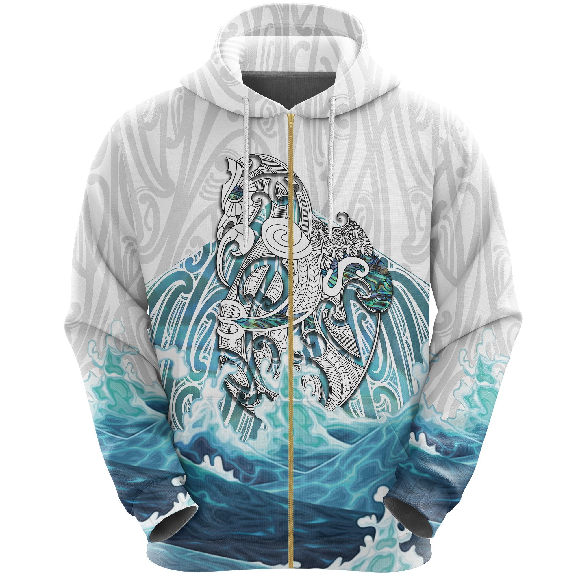 Maori Manaia The Blue Sea Zip Hoodie, White Unisex Black - Polynesian Pride