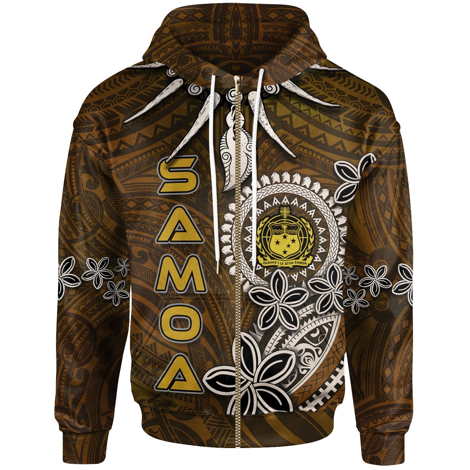 Samoa Zip up Hoodie Polynesian Boar Tusk Unisex Brown - Polynesian Pride