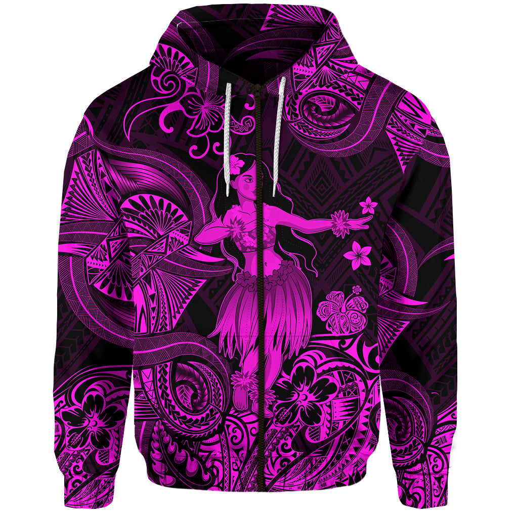 Custom Hawaii Hula Girl Polynesian Zip Hoodie Unique Style Pink LT8 - Polynesian Pride