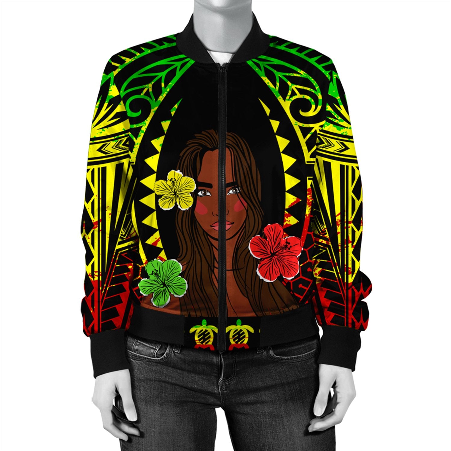 Hawaii Bomber Jacket - Hawaiian Girl Reggae Bomber Jacket AH Black Unisex - Polynesian Pride