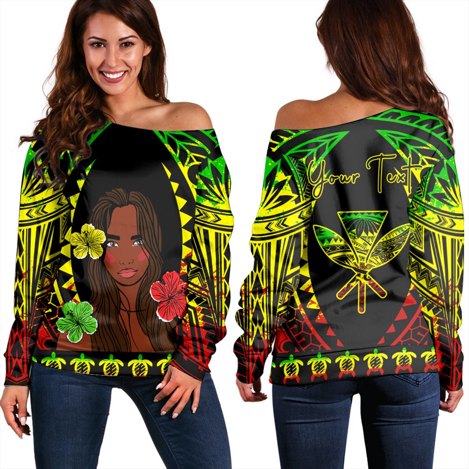 Hawaii - Hawaiian Girl Reggae Women's Off Shoulder Sweatshirt AH Black - Polynesian Pride