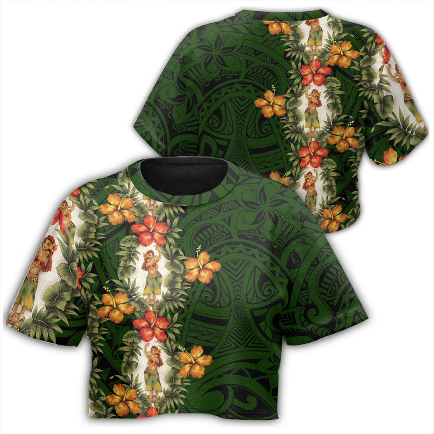 Hula Girl Tropical Style All - over Print Crop Top T-shirt AH Female Green - Polynesian Pride