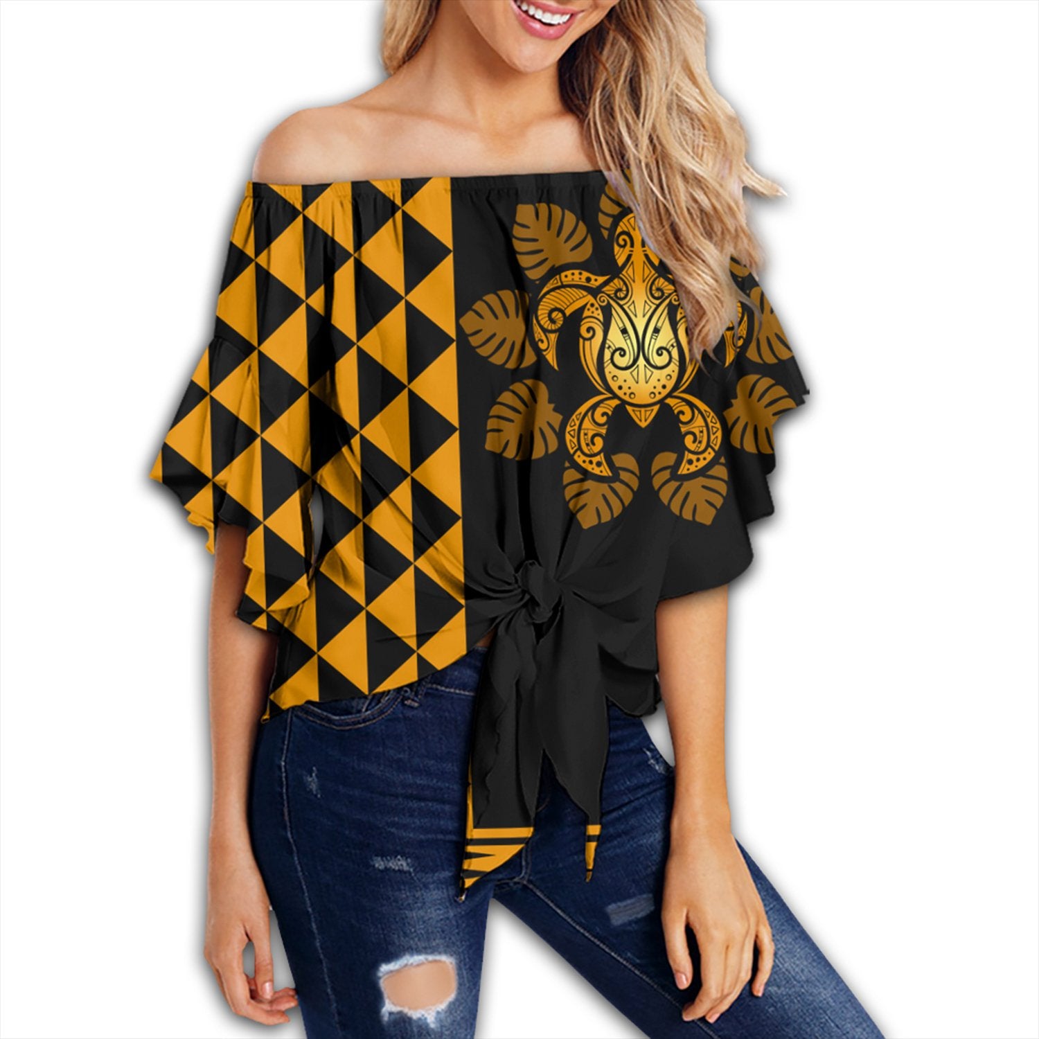 Hawaii - Kakau Turtle Off Shoulder Waist Wrap Top AH Female Black - Polynesian Pride