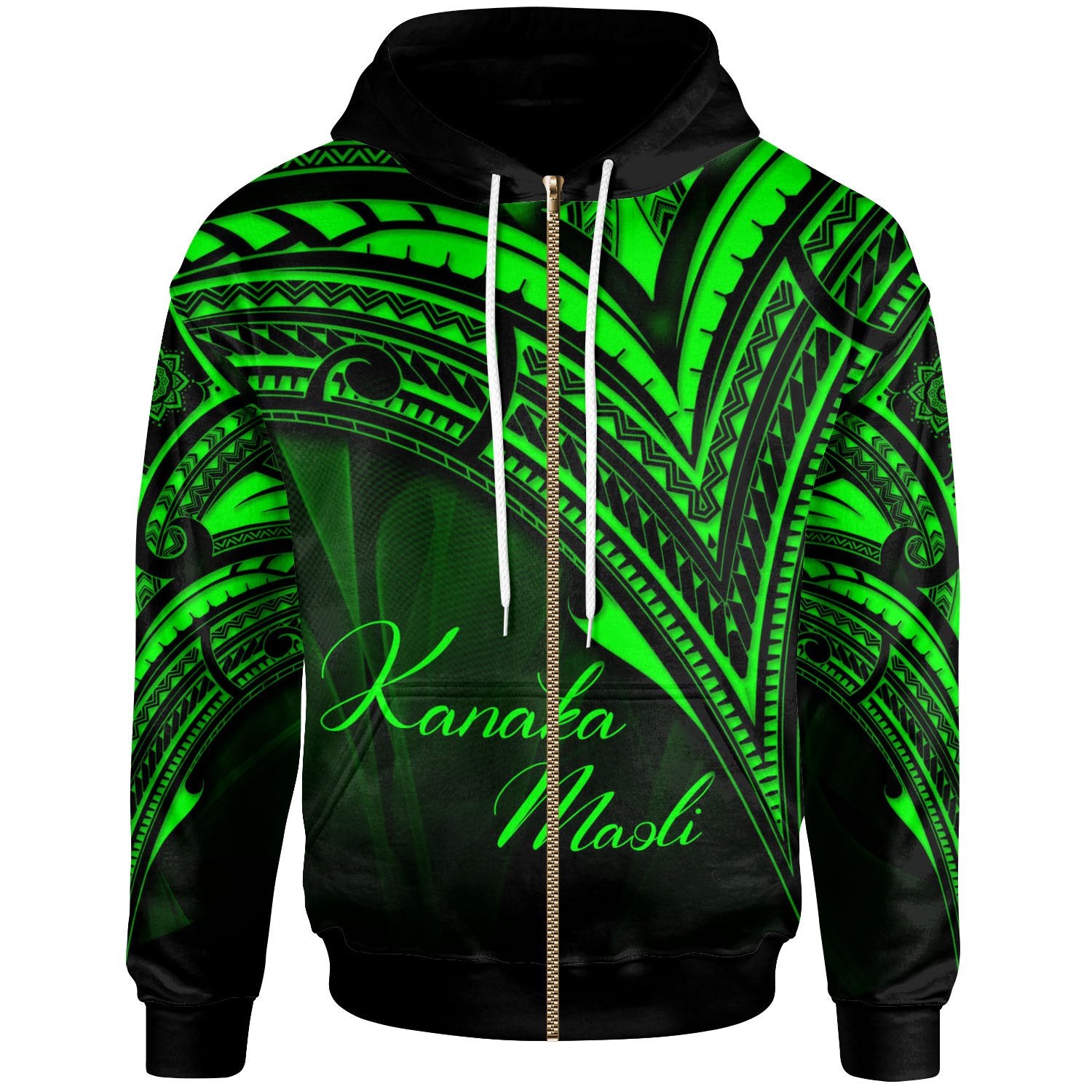 Hawaii Kanaka Maoli Zip Hoodie Green Color Cross Style Unisex Black - Polynesian Pride