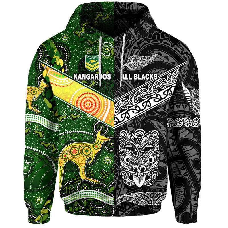 Custom New Zealand Maori All Black and Australia Kangaroos Aboriginal Hoodie Rugby Together LT8 Pullover Hoodie - Polynesian Pride