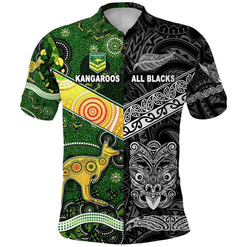 Custom New Zealand Australia Rugby Polo Shirt Maori All Black and Aboriginal Kangaroos Together LT8 - Polynesian Pride