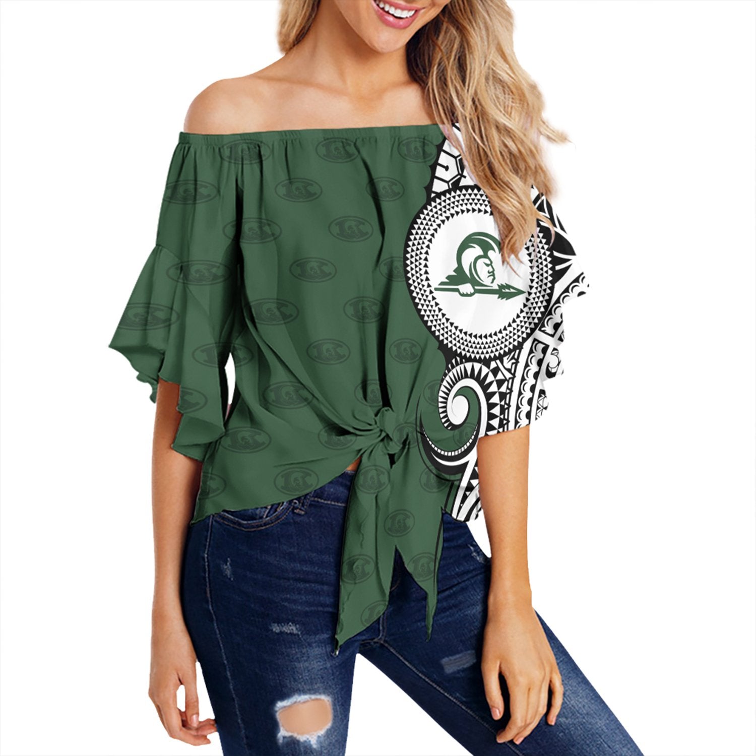 (Personalised) Hawaii - Kapaa High Tribal Kakau Off Shoulder Waist Wrap Top AH Female Green - Polynesian Pride