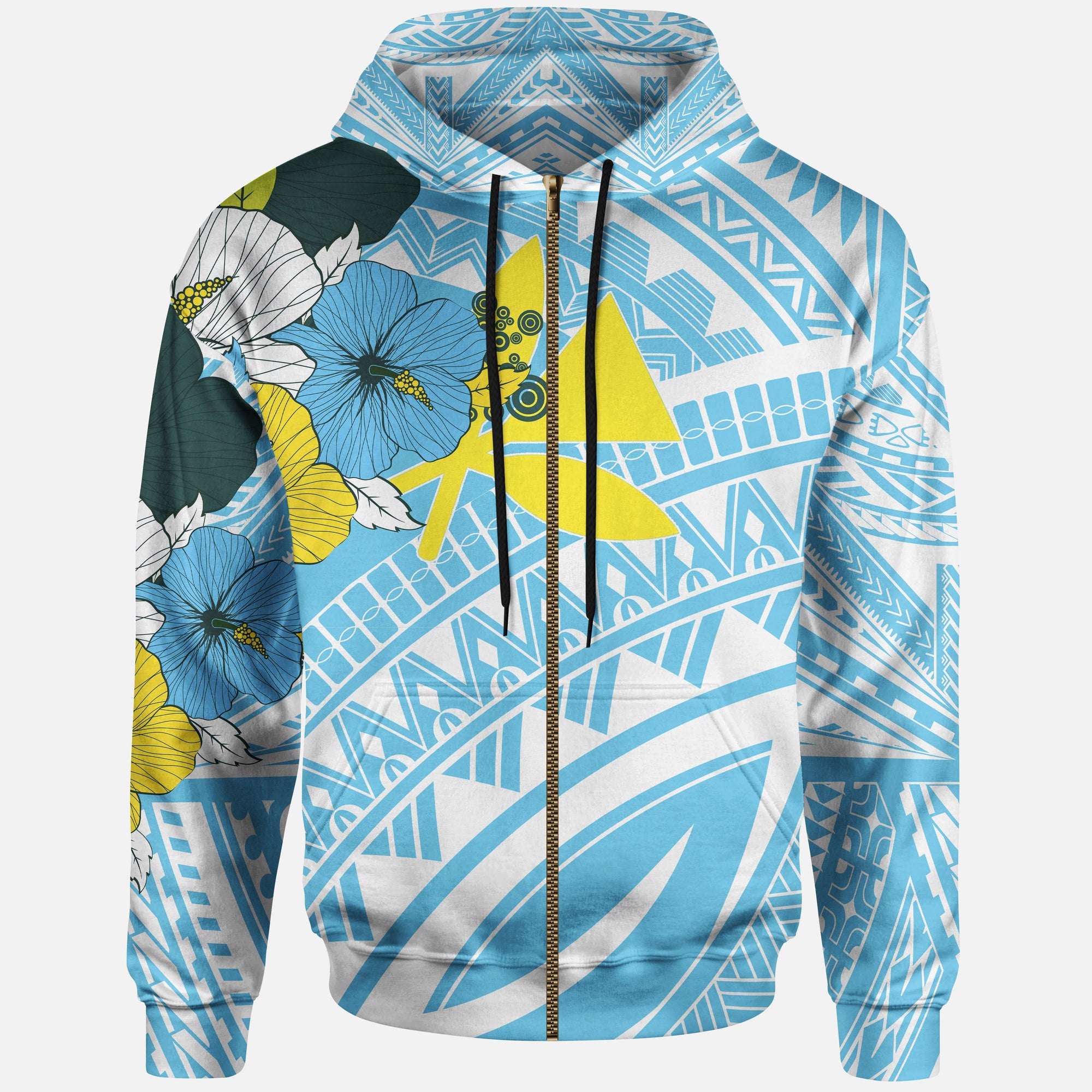 Hawaii Zip up Hoodie Polynesian Pattern Aquamarine Stone Color Unisex Blue - Polynesian Pride