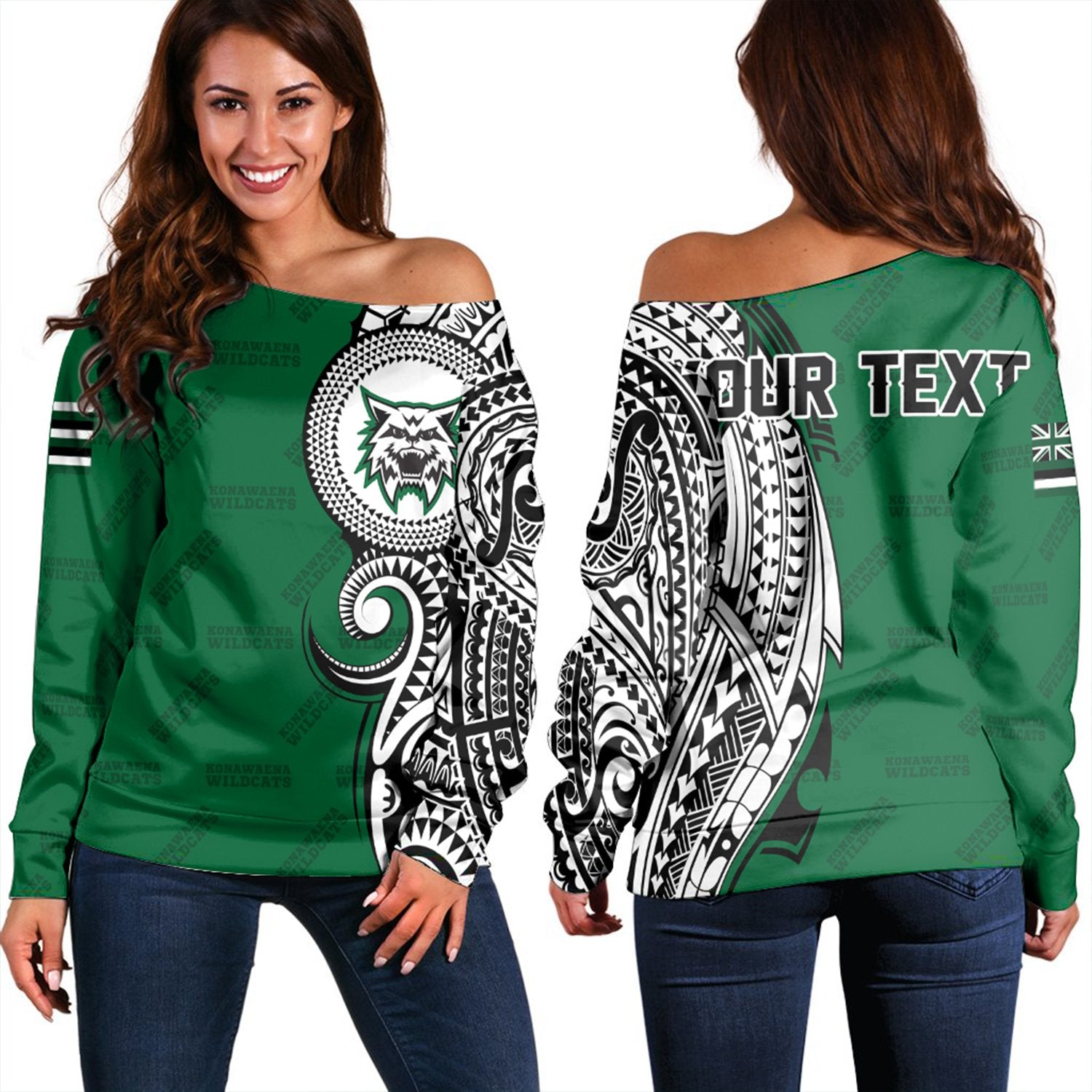 (Personalised) Hawaii - Konawaena High Tribal Kakau Women's Off Shoulder Sweatshirt AH Green - Polynesian Pride